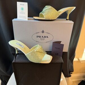 Women’s Prada Crystal Embellished Mules Light Green Size 37.5 BNIB